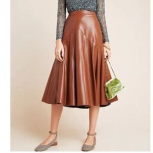 NWT Anthropologie Maeve Mariska Brown Faux Leather A-line Midi Flared Skirt Sz 8